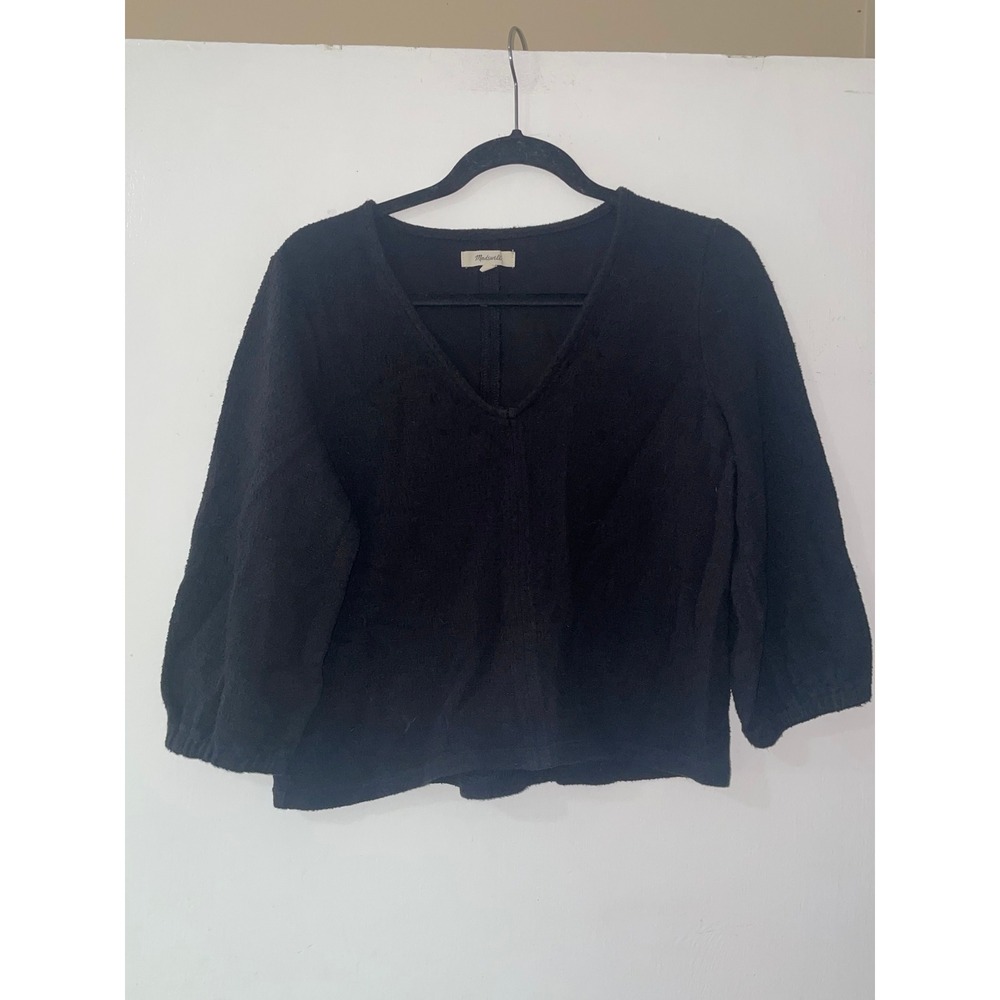 Madewell Black Textured Cotton V-Neck Puff Sleeve Top Womens‎ Medium G2042